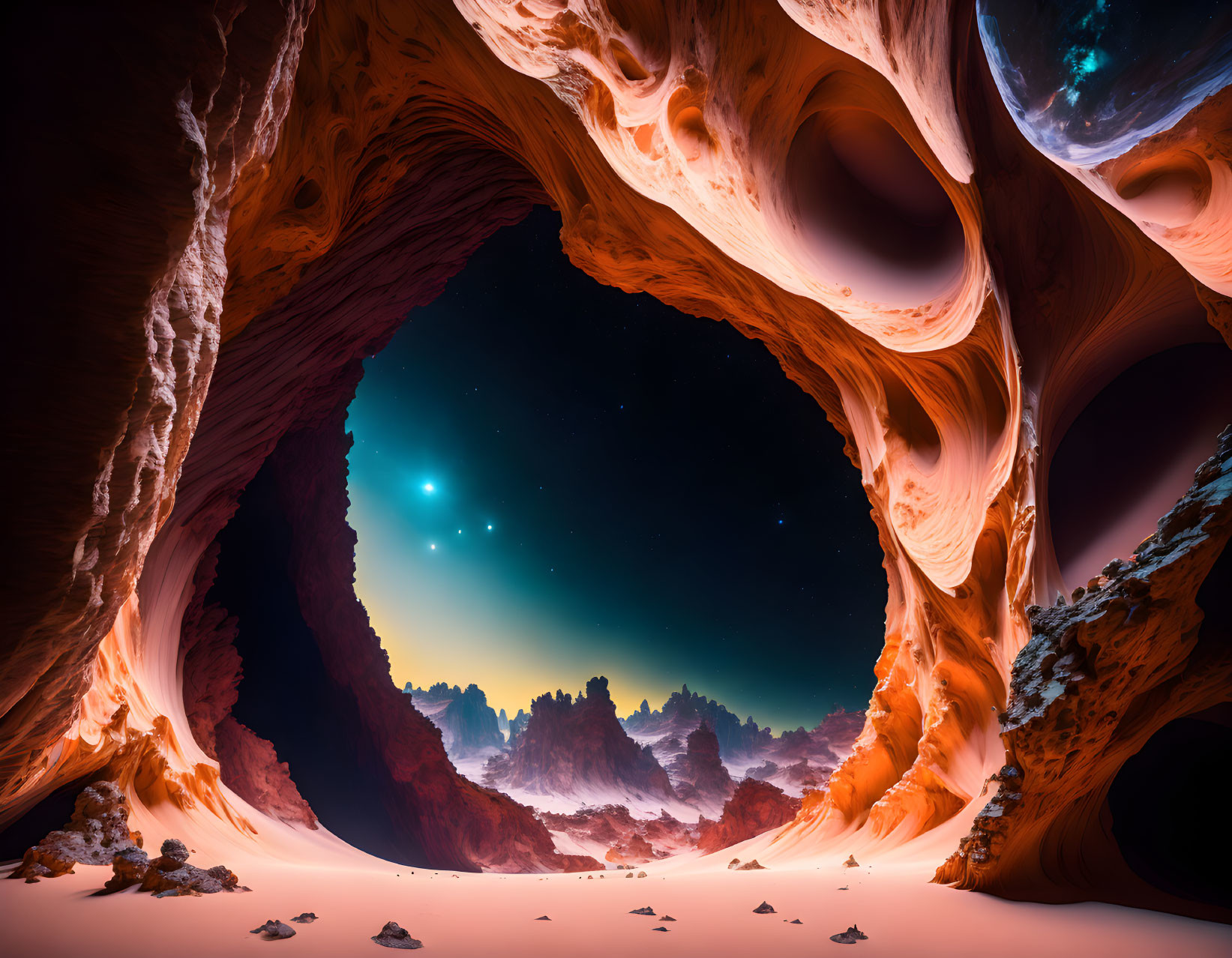 Surreal cave with swirling orange walls under starry night sky