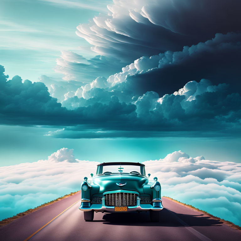 Vintage Blue Car on Elevated Road Surrounded by Clouds and Dramatic Sky