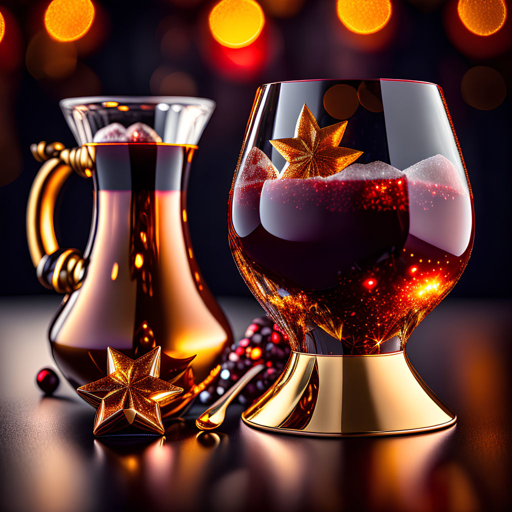 Christmas-themed drink set with sparkling cocktail in star-adorned glass & jug, berries, soft glowing