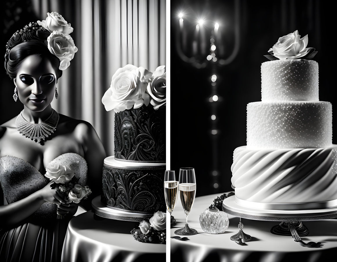 Monochrome bride with bouquet near rose-adorned cake and champagne glasses