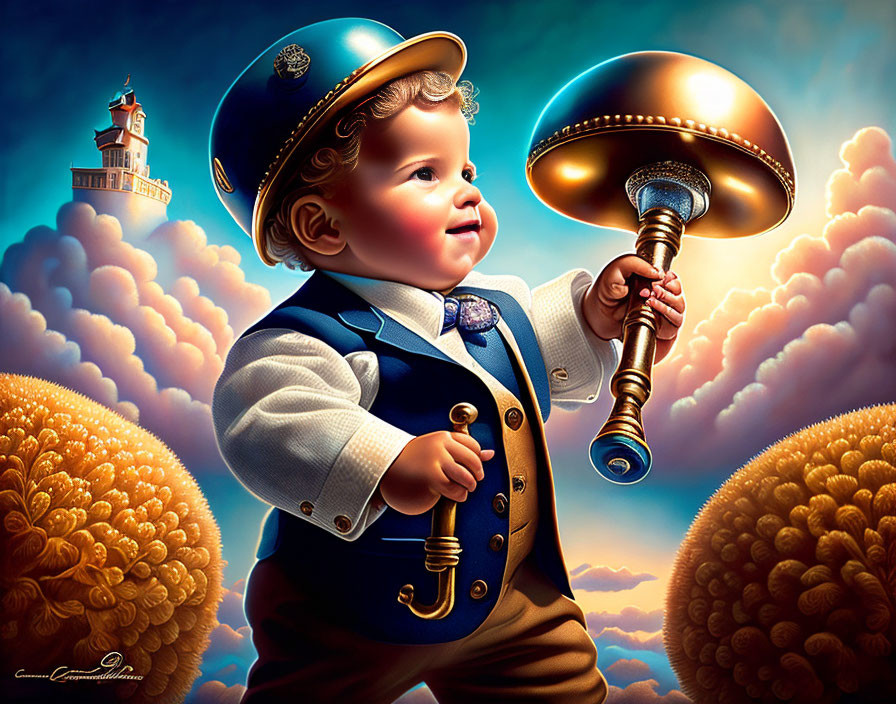 Toddler Captain with Golden Trumpet and Lighthouse Illustration