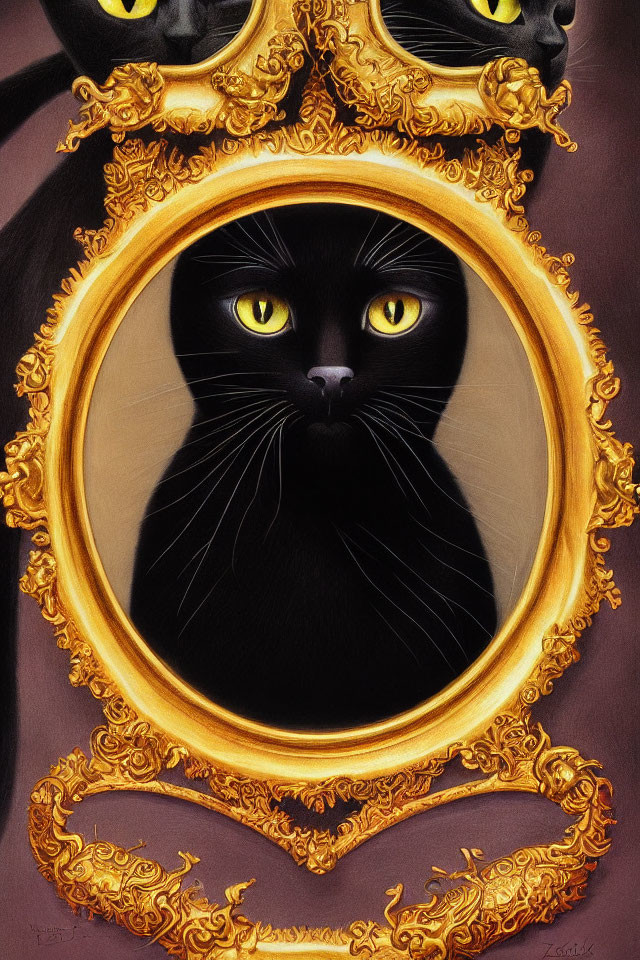 Black cat in ornate golden frame with vivid yellow eyes against dark background