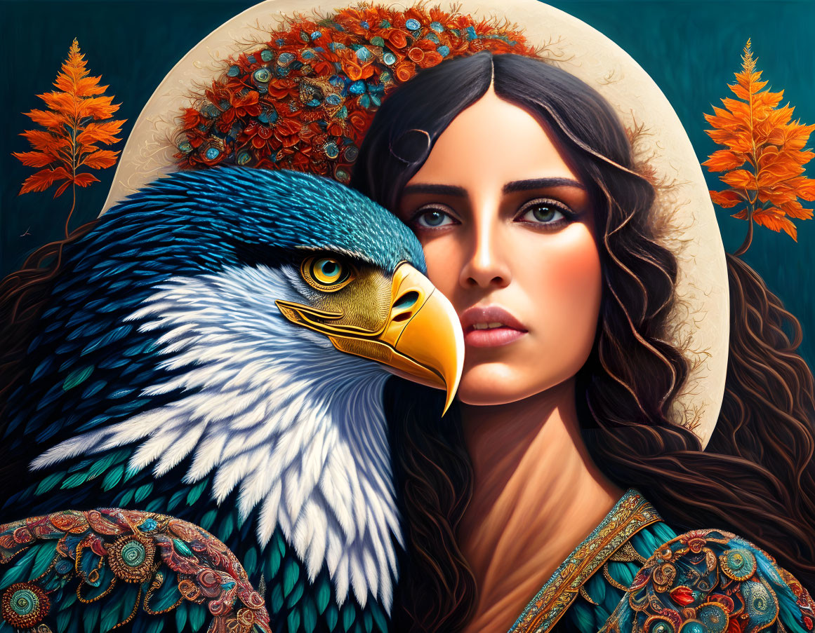 Woman's face merged with eagle in autumn-themed digital artwork