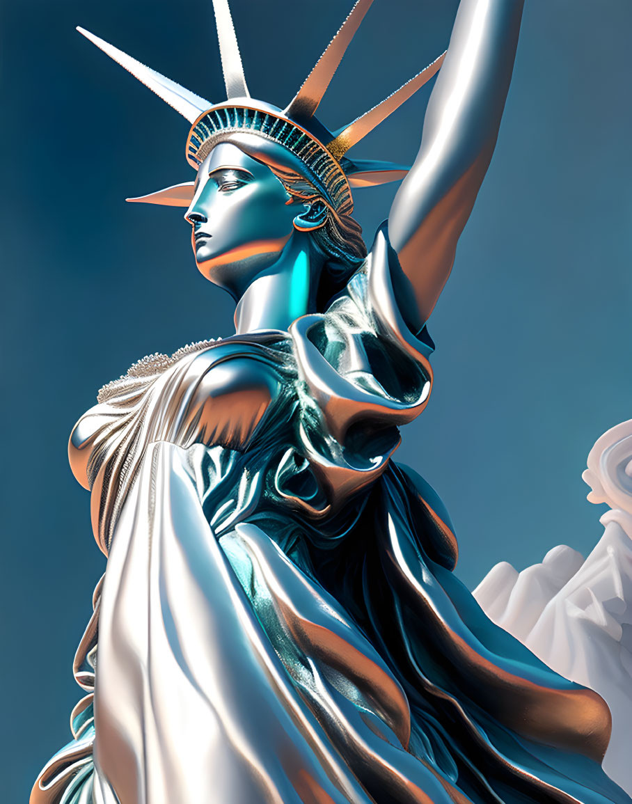 Detailed digital art: Statue of Liberty close-up with dramatic sky.