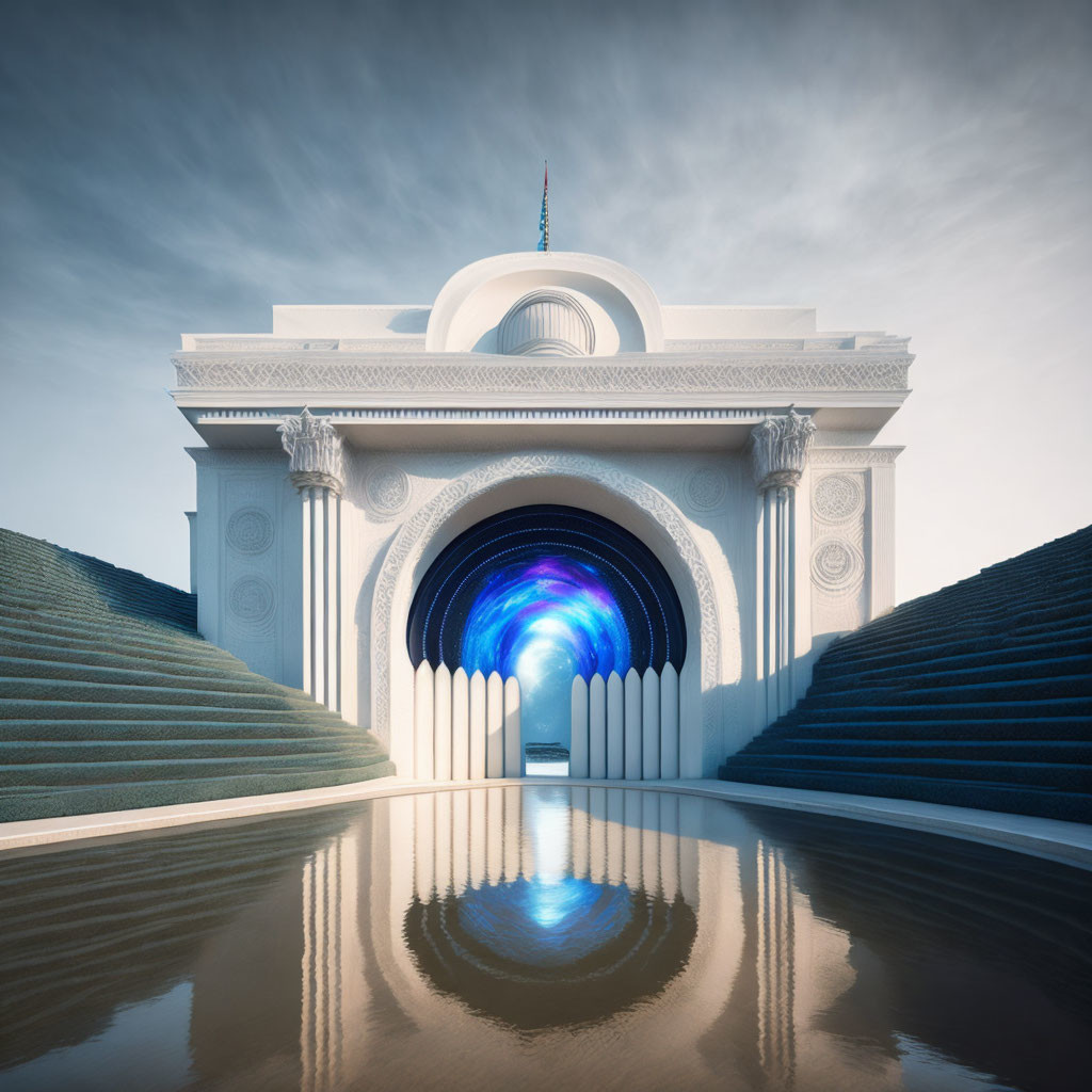 Intricate white archway reflected in still water with vibrant blue vortex