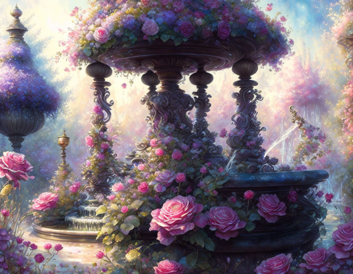 Ornate fountain surrounded by roses and flowers in magical garden