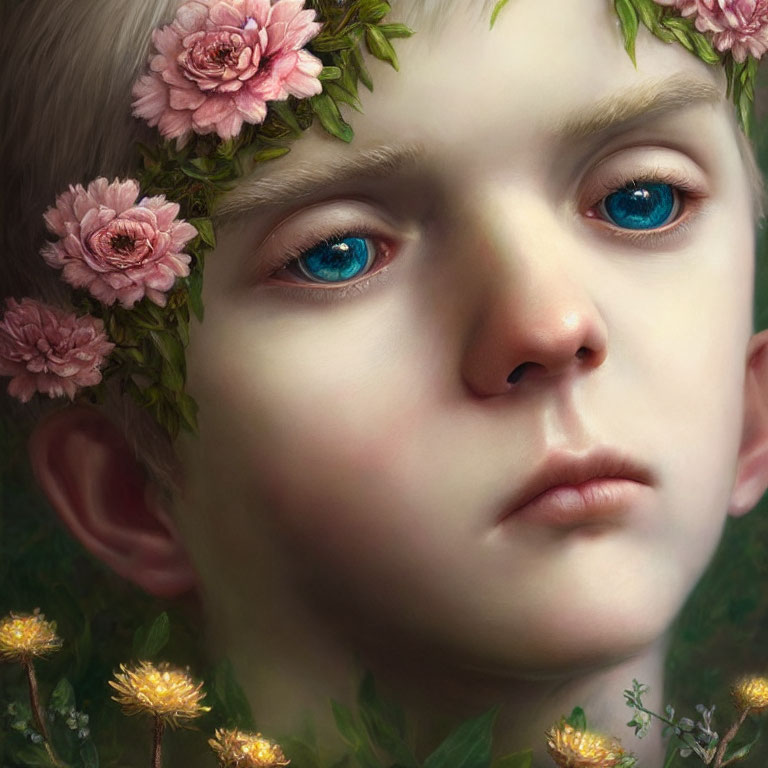 Detailed illustration of child with blue eyes wearing floral wreath