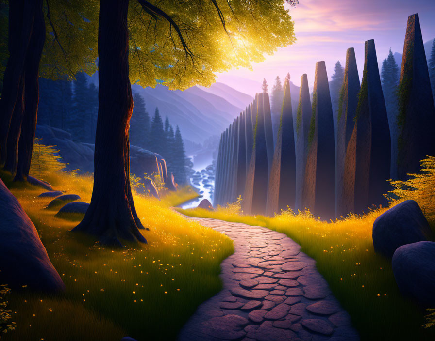 Mystical forest with cobblestone path, glowing flowers, tall trees, and mountains at twilight