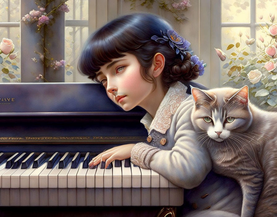 Girl with Dark Hair and Blue Flower Leans on Piano with Grey Cat