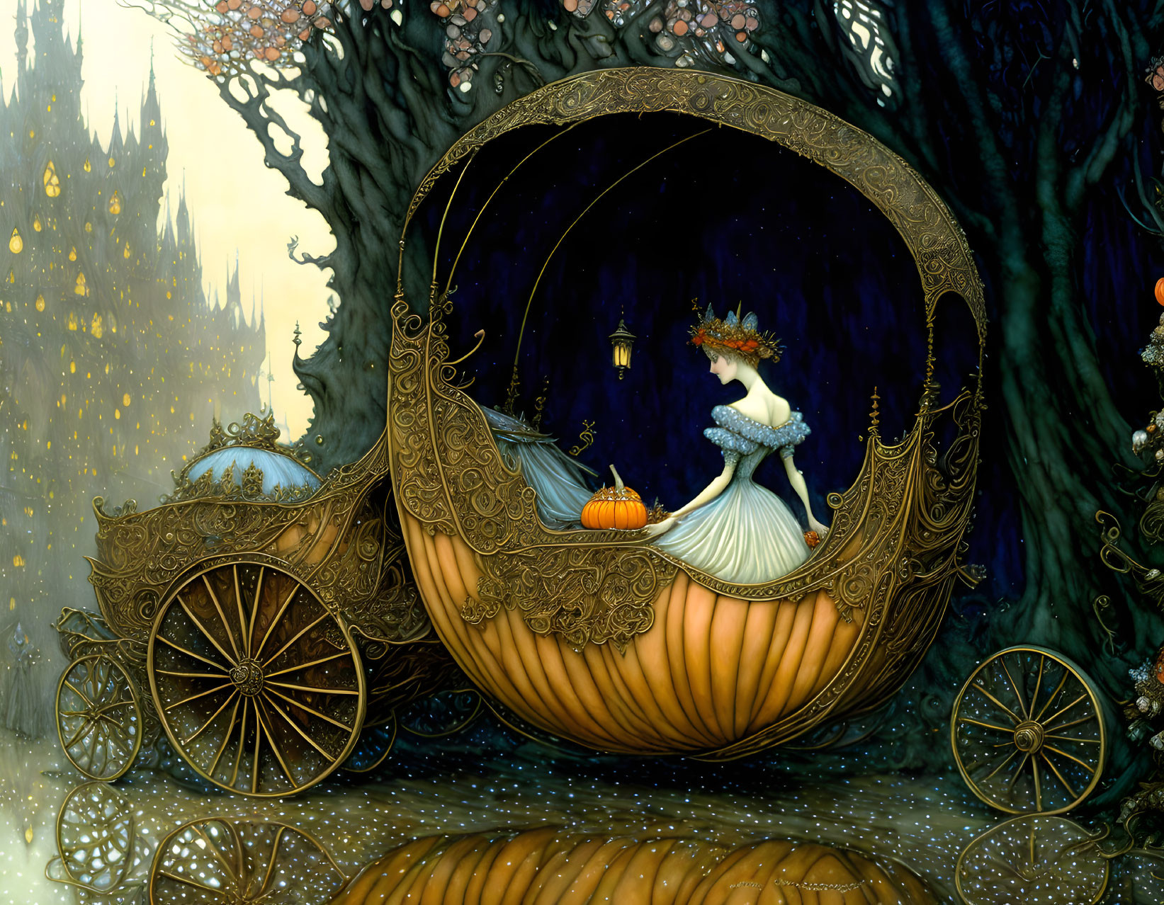 Illustration of person in elegant dress exiting pumpkin carriage in enchanted forest.