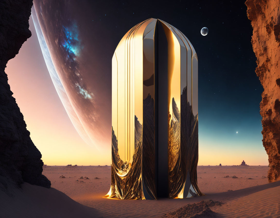 Golden futuristic structure in desert with cliffs, ringed planet, and moon.