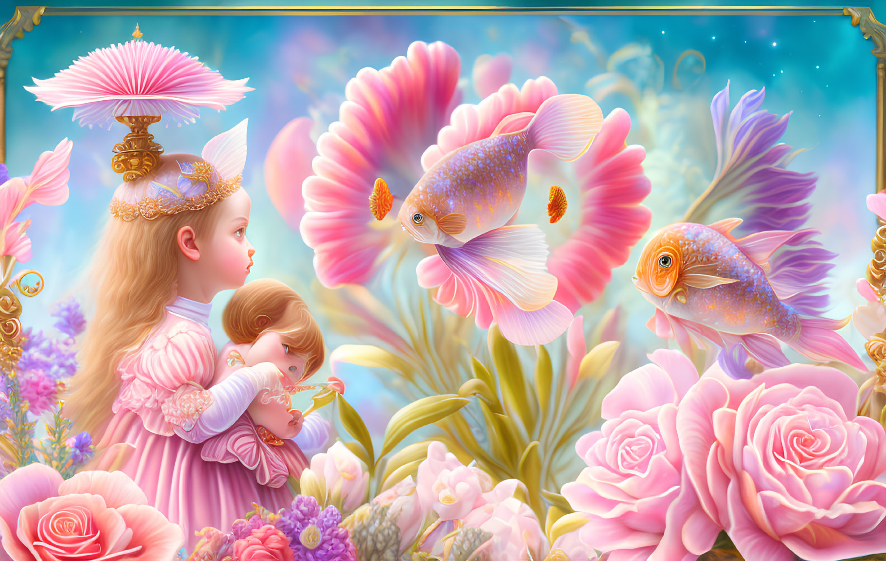 Fantastical illustration of girl with doll, goldfish, roses, and cloudy skies