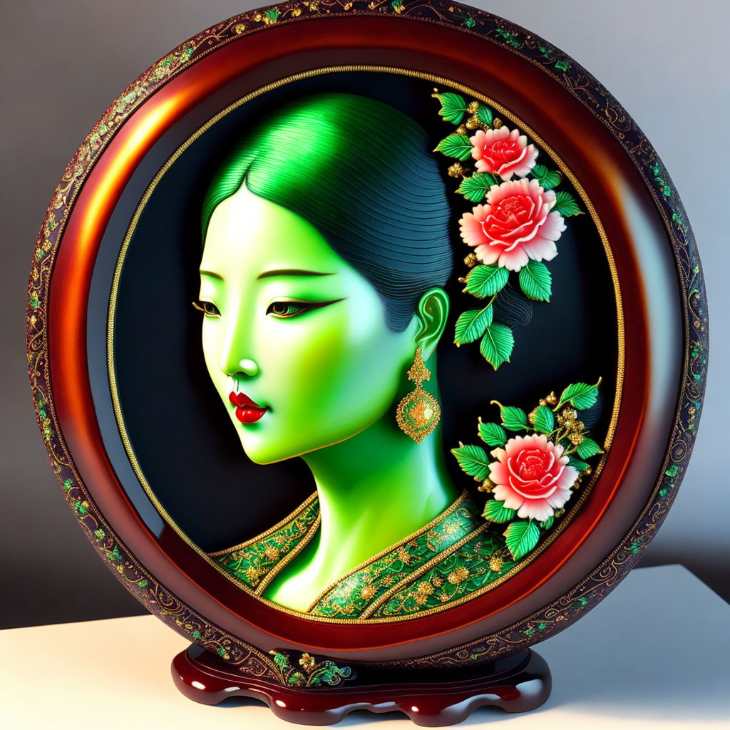 Stylized woman portrait on decorative plate with green skin and floral jewelry