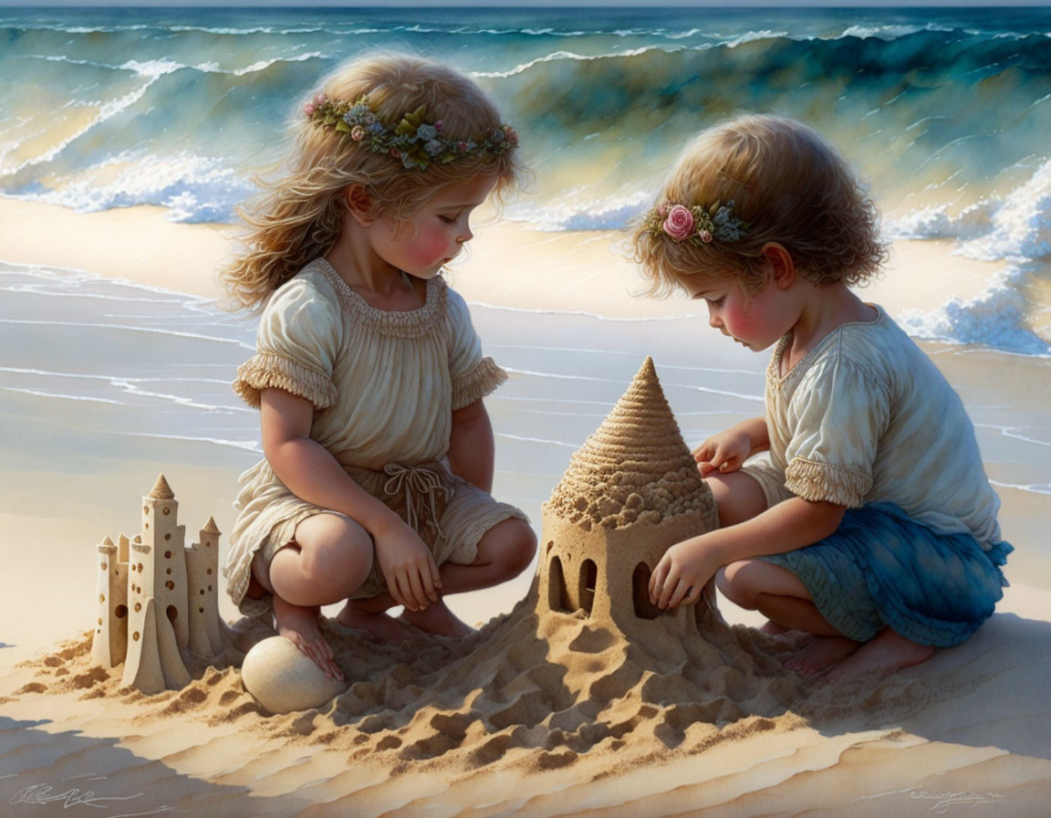 Children building sandcastle on beach with rolling waves and flower crowns