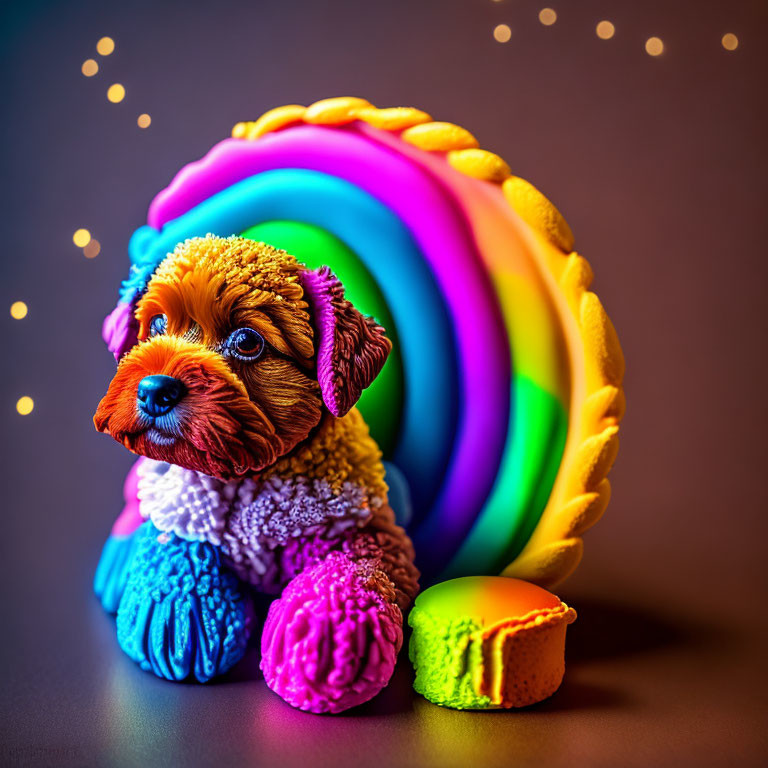 Colorful puppy figurine with rainbow and macarons on dark backdrop