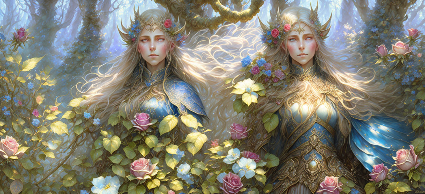 Ethereal elf characters in mystical forest with floral crowns