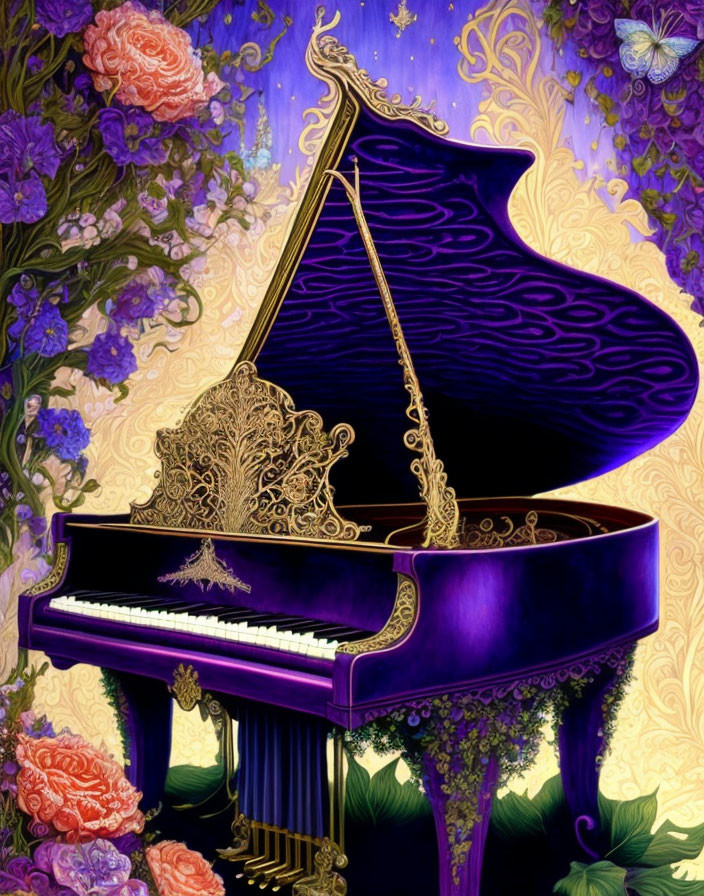 Purple grand piano with gold trim, roses, butterflies, and floral backdrop