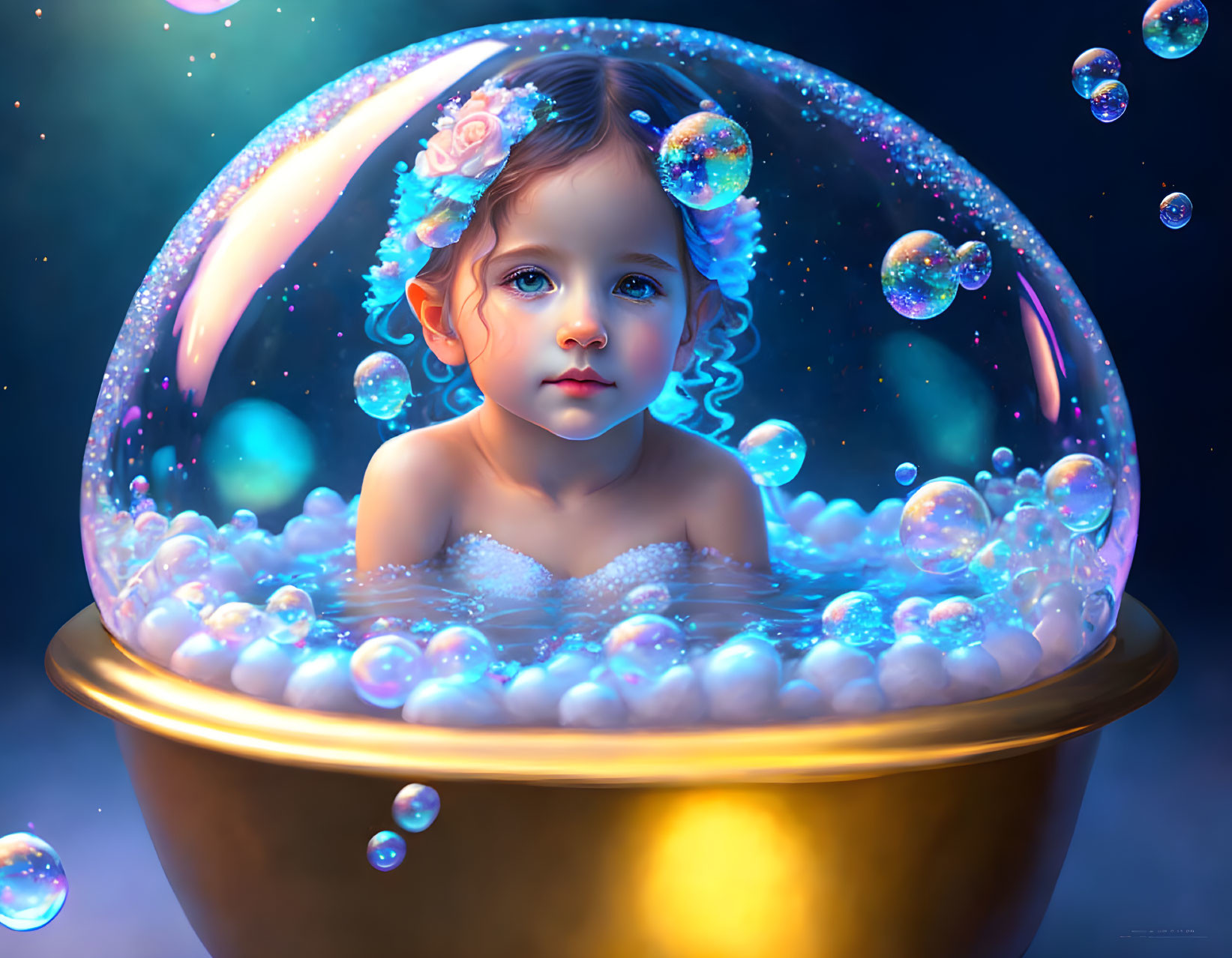 Digital Artwork: Young Child in Golden Bowl with Iridescent Bubbles on Dark Blue Background