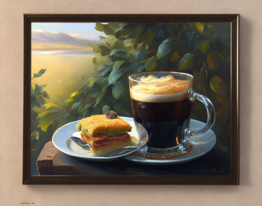 Realistic framed painting of espresso cup and sandwich on windowsill