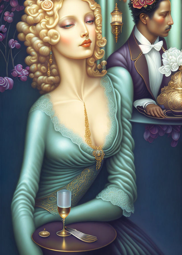 Elegant woman in turquoise gown and baroque hair with gentleman serving drink