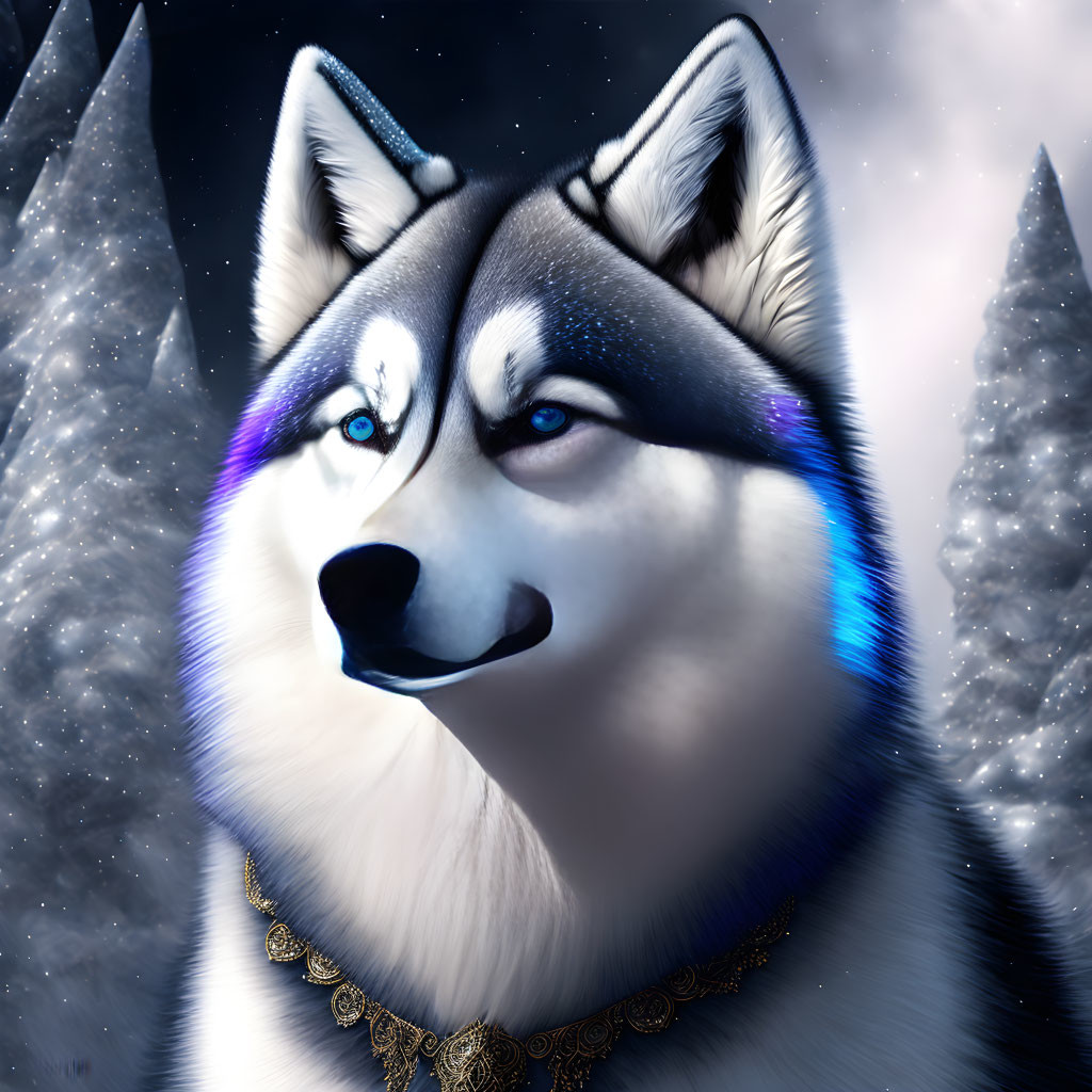 Majestic husky with blue eyes in snowy scene