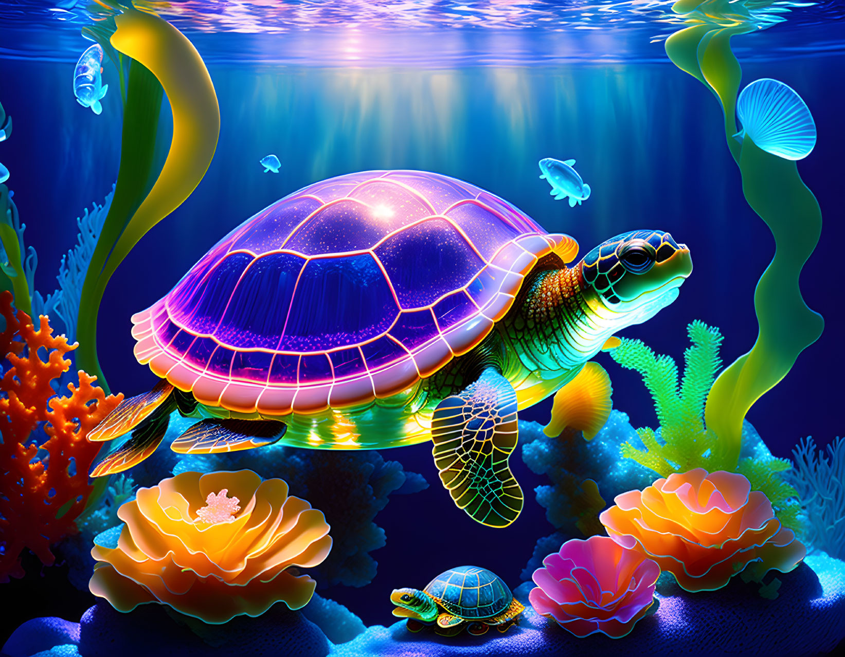 Colorful Digital Art: Neon Sea Turtle in Coral Reef Environment