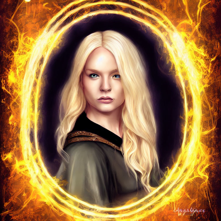 Portrait of woman with platinum blonde hair and fiery halo circle on dark background