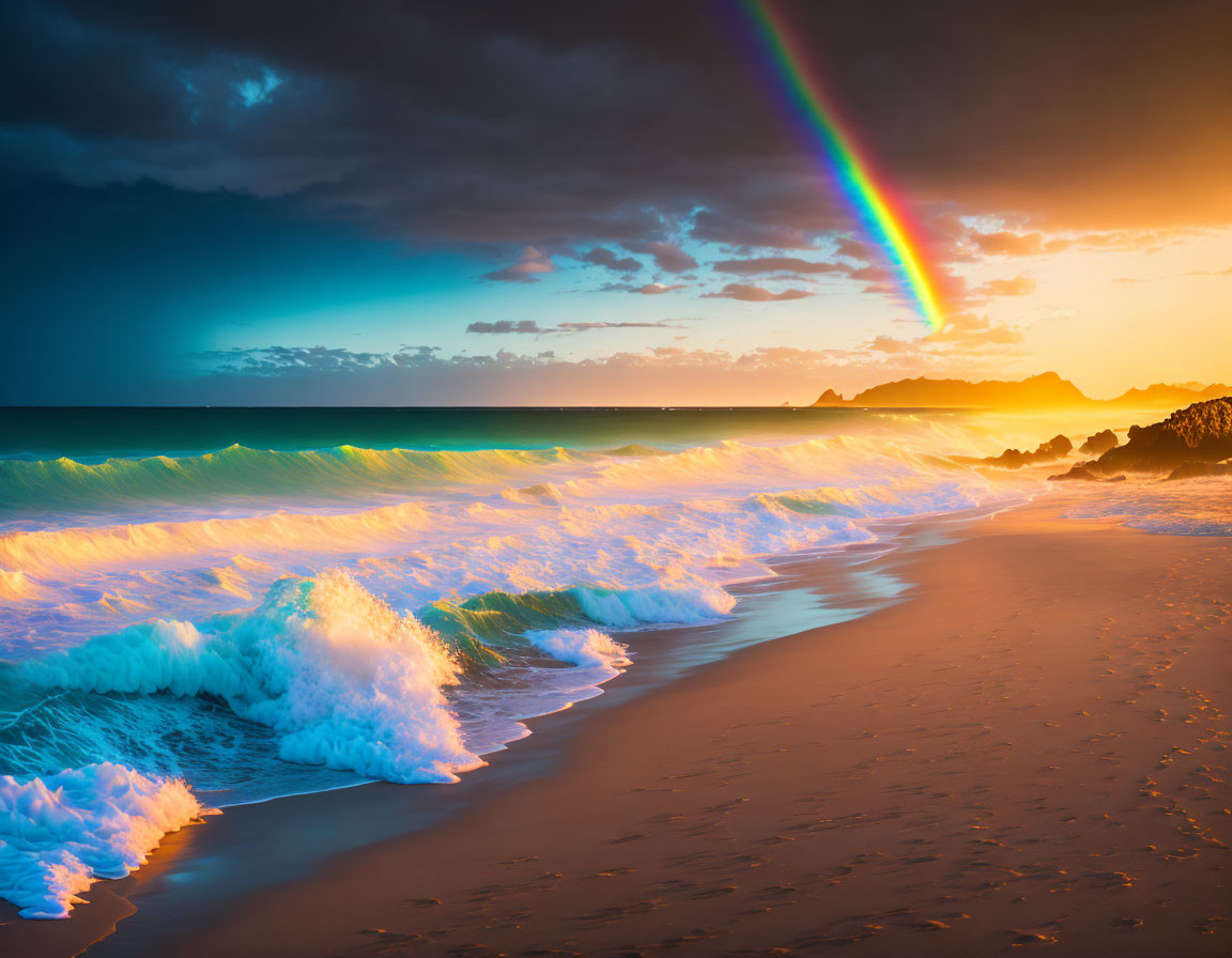 Colorful beachscape with rainbow, glowing waves, and dramatic sunset sky