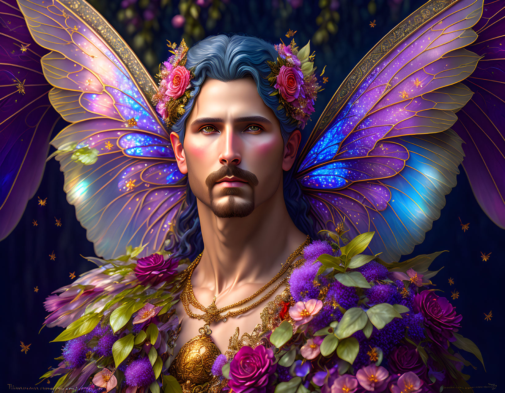 Fantastical male figure with blue hair and butterfly wings in digital art