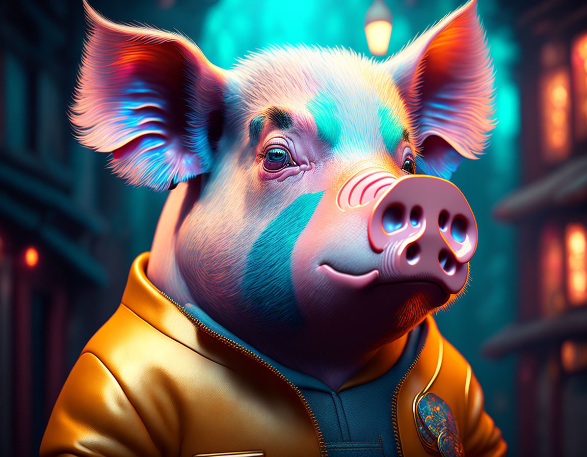 Anthropomorphic Pig Character in Yellow Jacket in Neon Urban Setting