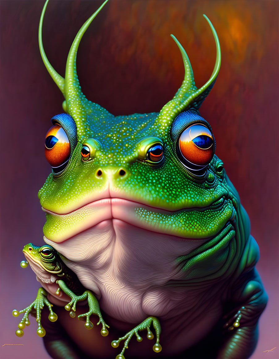 Detailed Realistic Illustration of Large Green Frog with Small Frog and Orange Eyes