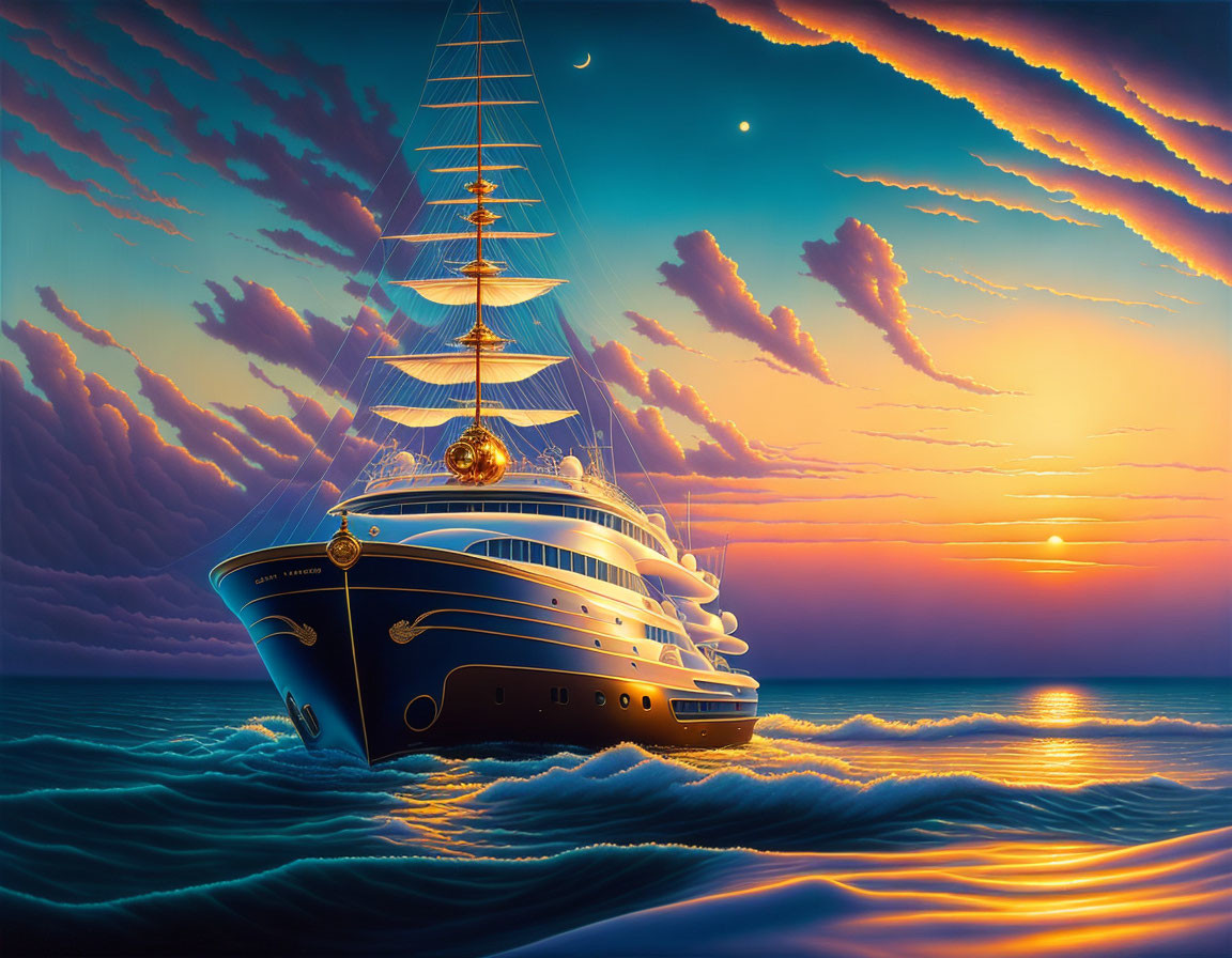 Luxurious yacht sailing at sunset with colorful sky and crescent moon.