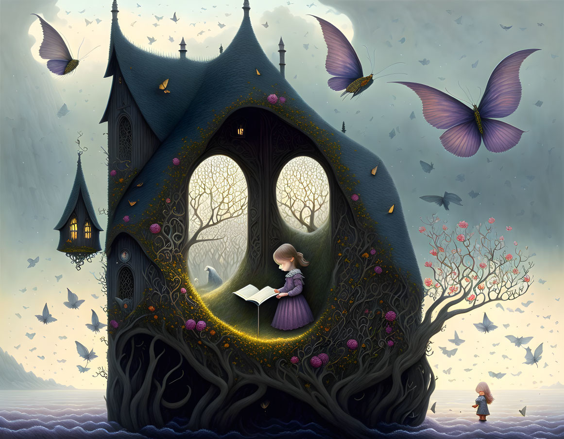 Illustration of girl reading in Gothic treehouse with oversized butterflies in surreal landscape