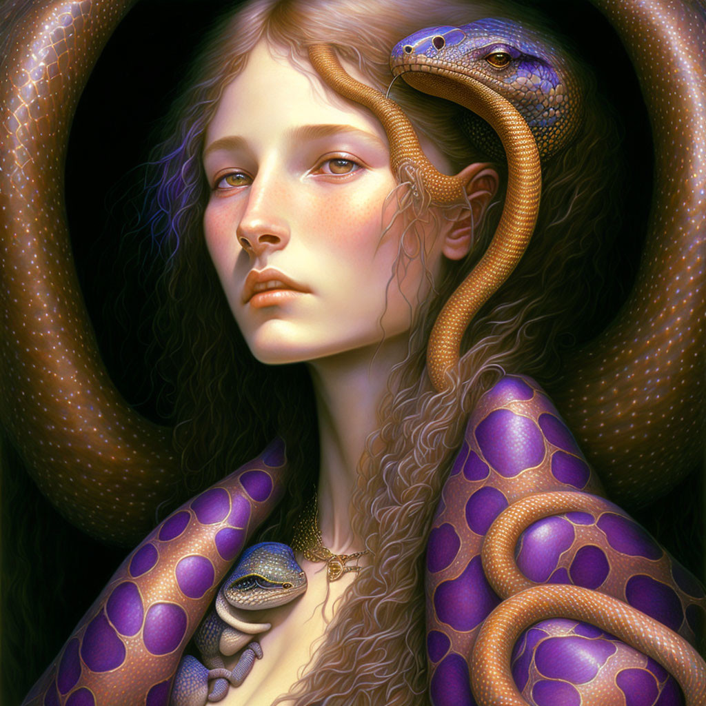 Young woman with pale skin and light brown hair beside purple-patterned snake