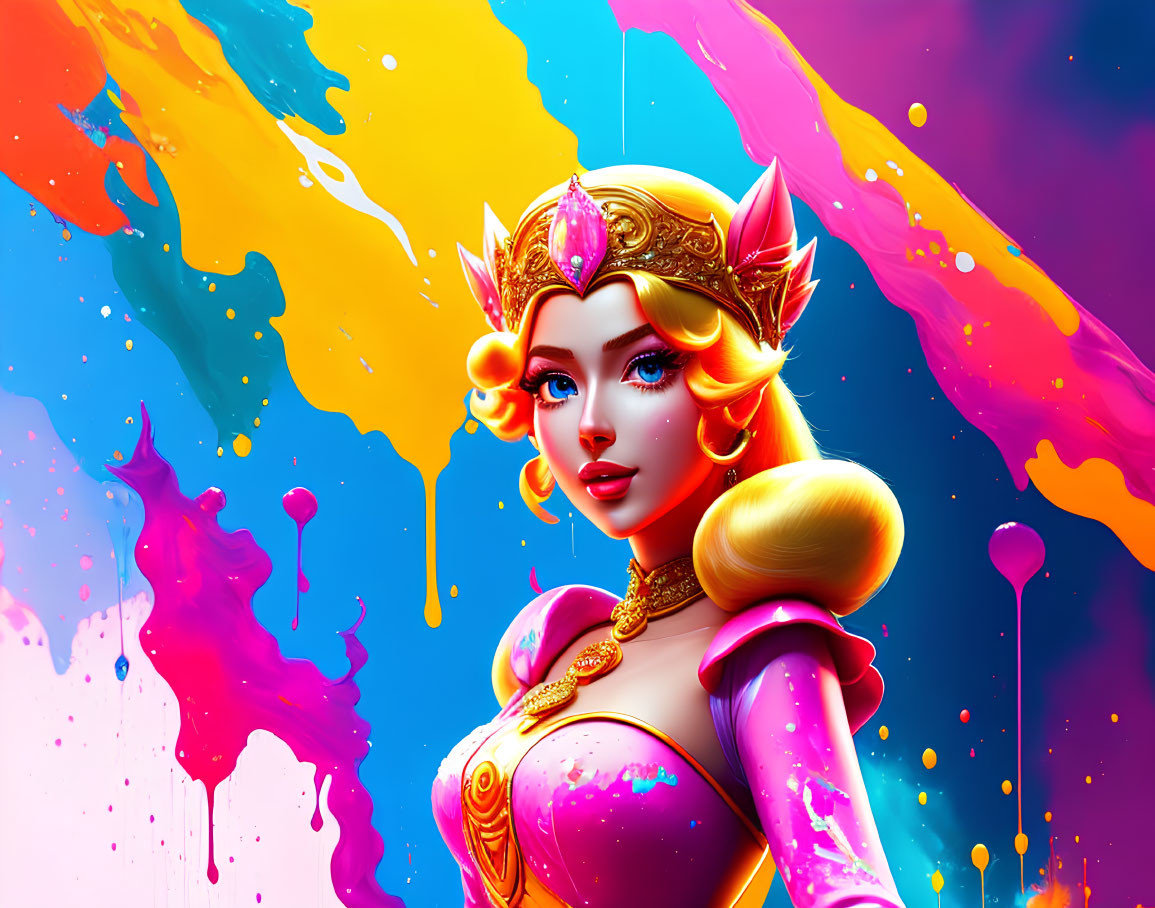 Colorful Stylized Female Character in Golden Armor Amid Paint Splatters