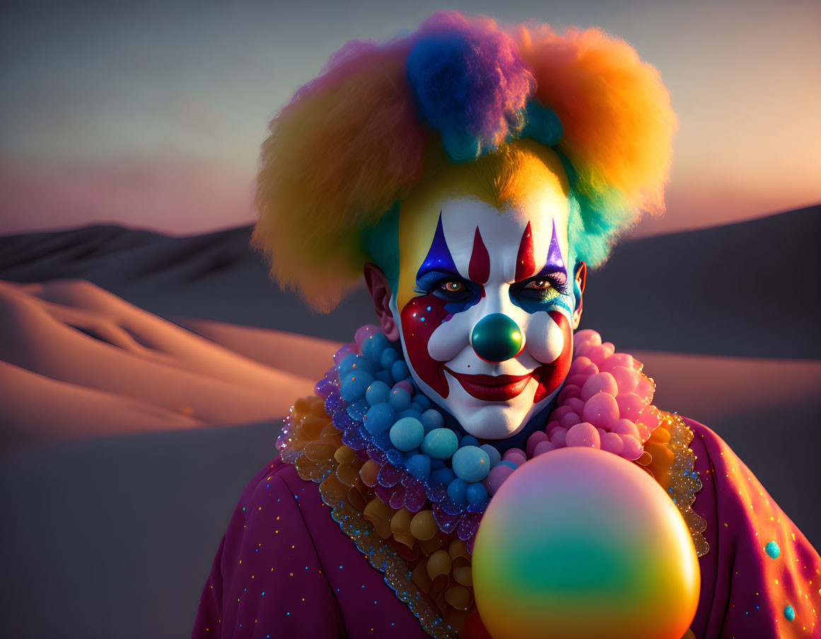 Vibrant clown with colorful wig and glowing orb in desert twilight