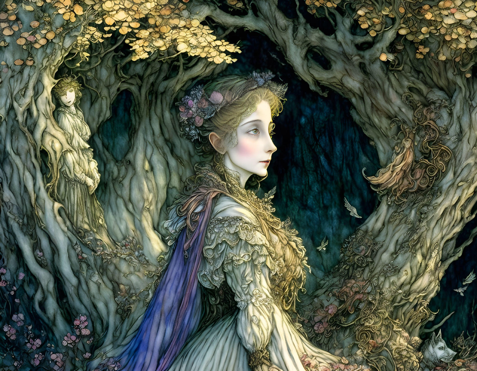 Illustration of woman with floral crown in magical tree landscape