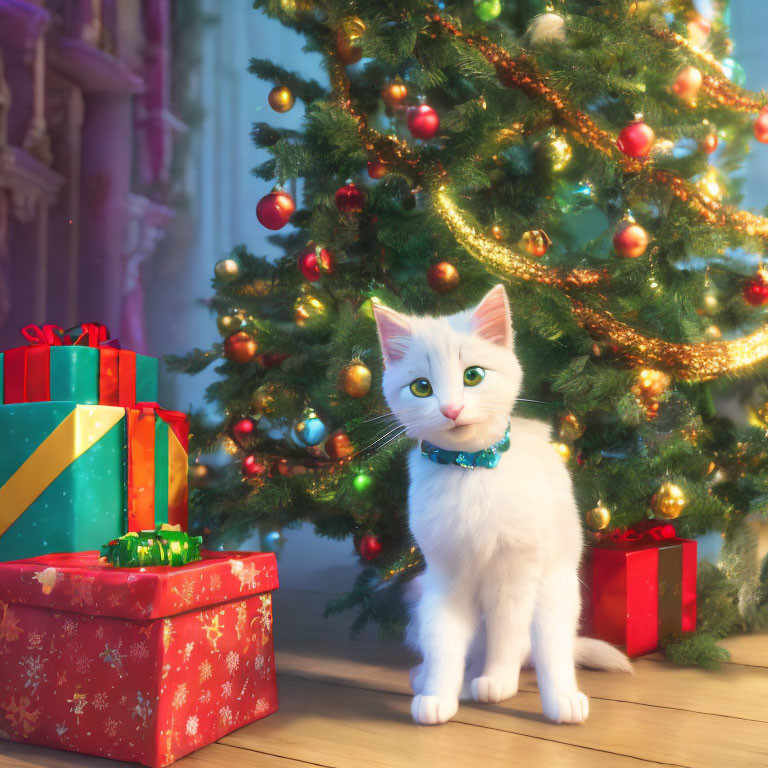 White Cat with Green Eyes Beside Christmas Presents and Tree