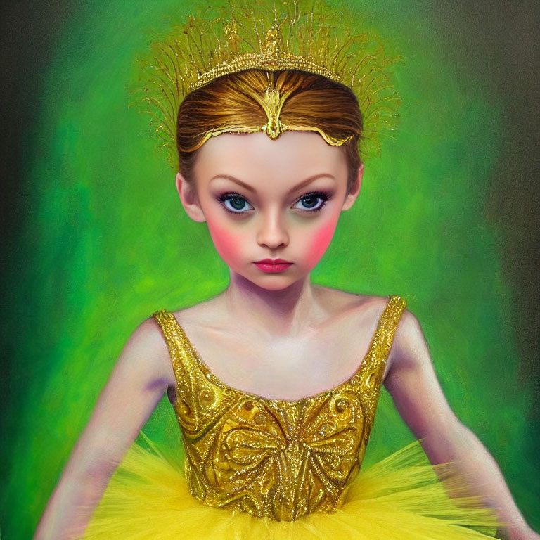 Digital artwork featuring young girl with big blue eyes in golden crown and embroidered top.