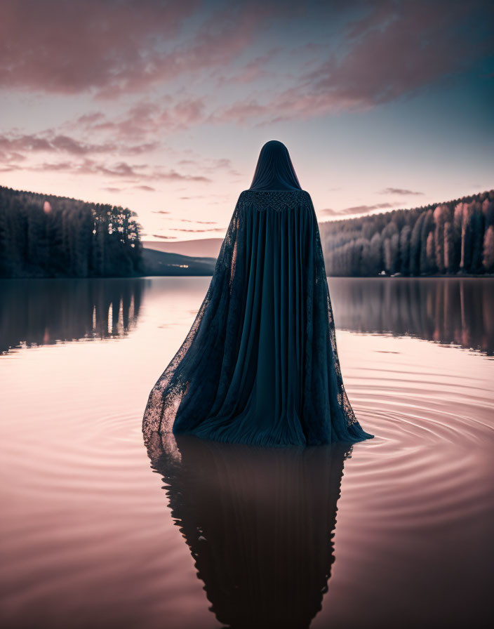 Cloaked figure in serene lake at dusk with tree reflections