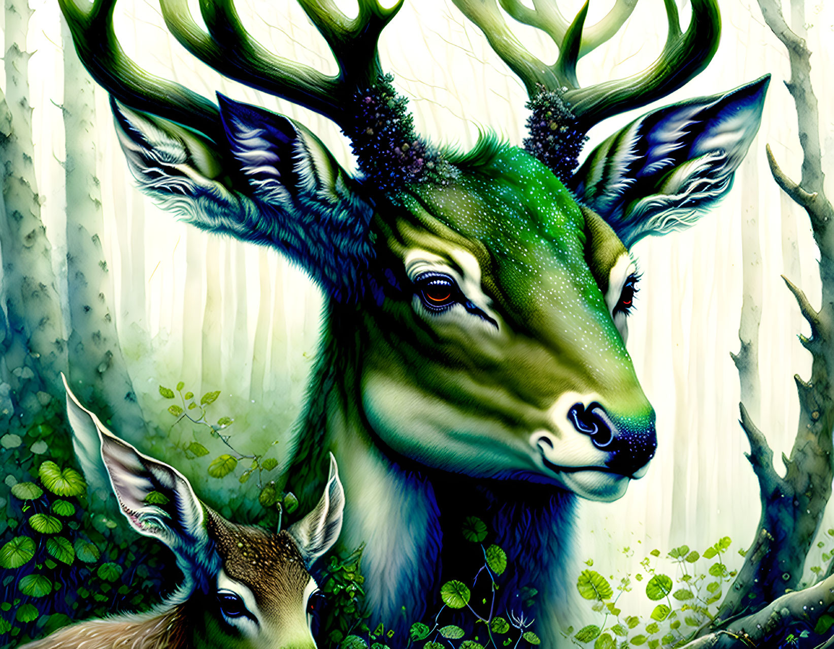 Majestic deer with lush green foliage antlers in ethereal forest