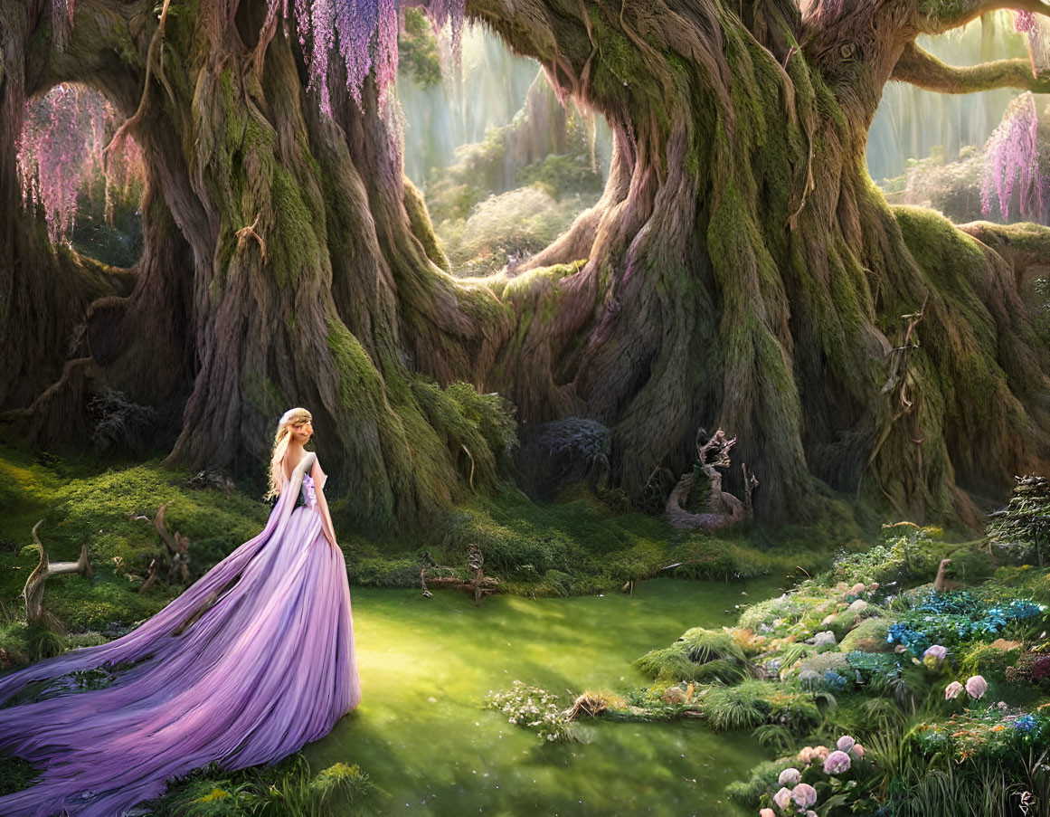 Woman in flowing purple dress in enchanted forest with giant trees and lush greenery