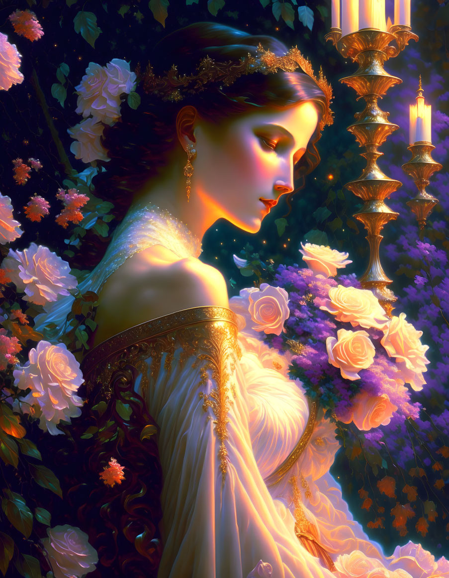 Woman in elegant gown surrounded by flowers in warm candlelight