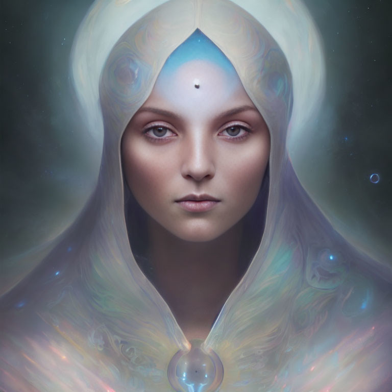 Mystical Woman with Iridescent Cloak and Celestial Orbs