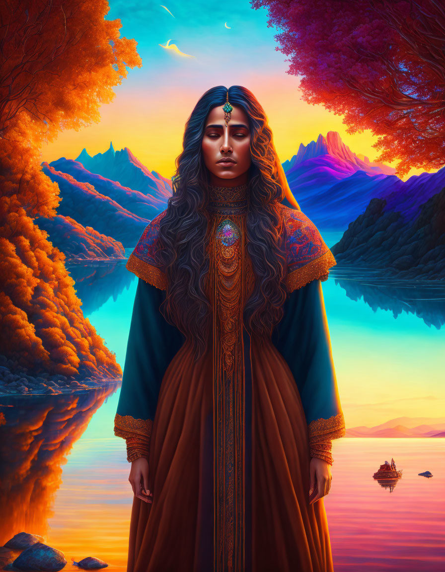 Ornately dressed woman in surreal landscape with fiery trees