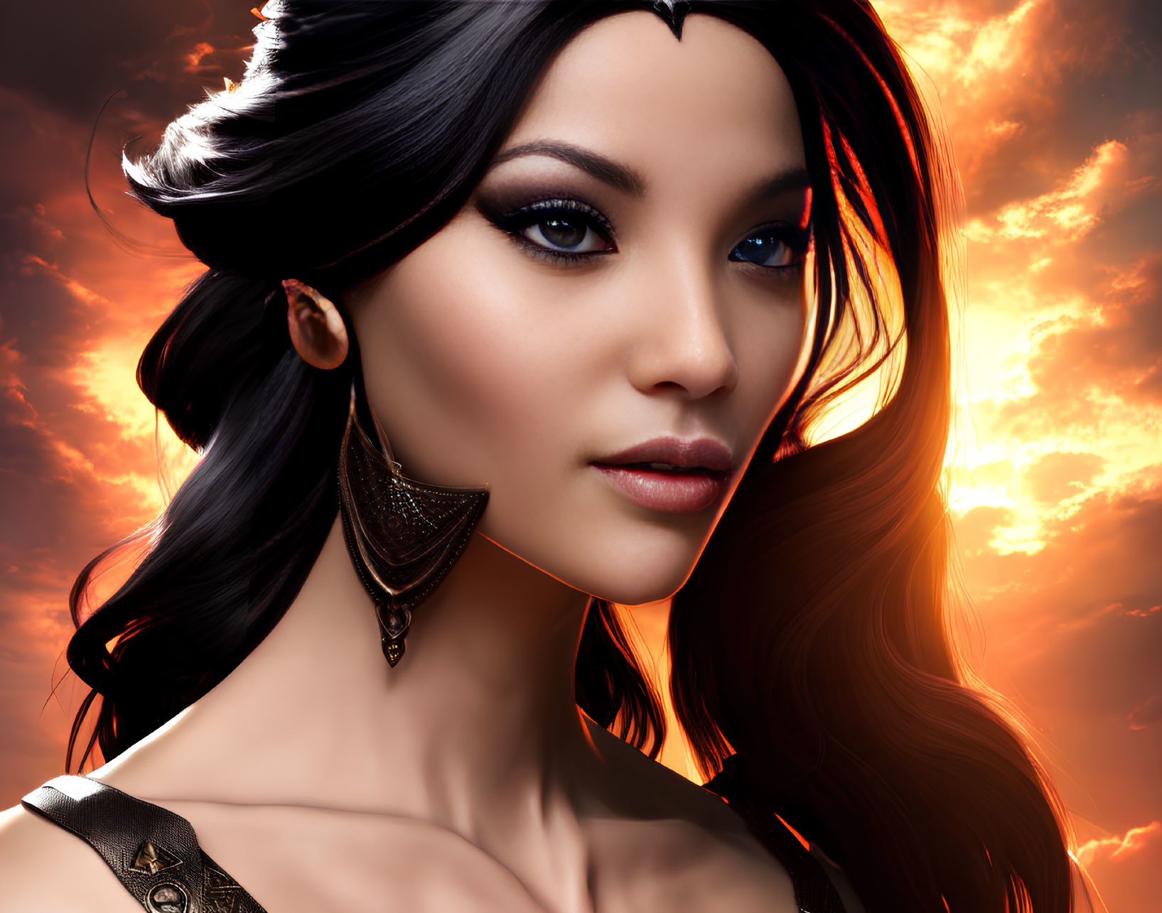 Digital portrait of woman with dark hair and blue eyes against sunset sky