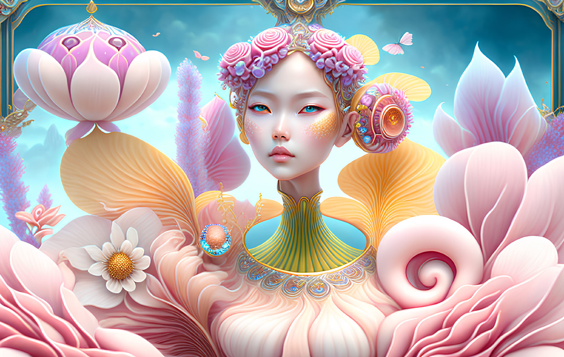 Fantastical Female Figure with Floral Elements in Pastel Colors