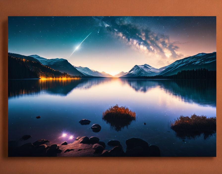 Night scene: shooting star over reflective lake, mountains, starry sky