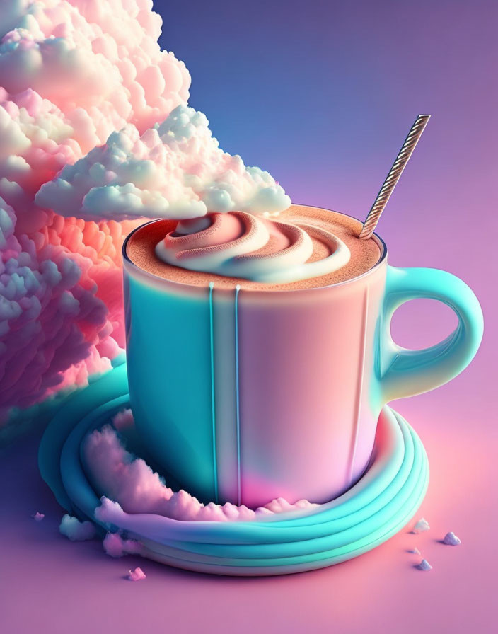 Pastel blue coffee cup with frothy cream, pink and white clouds, metallic spoon