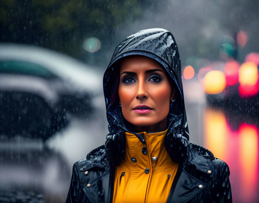 Woman in hooded raincoat standing in rain with blurred city lights.